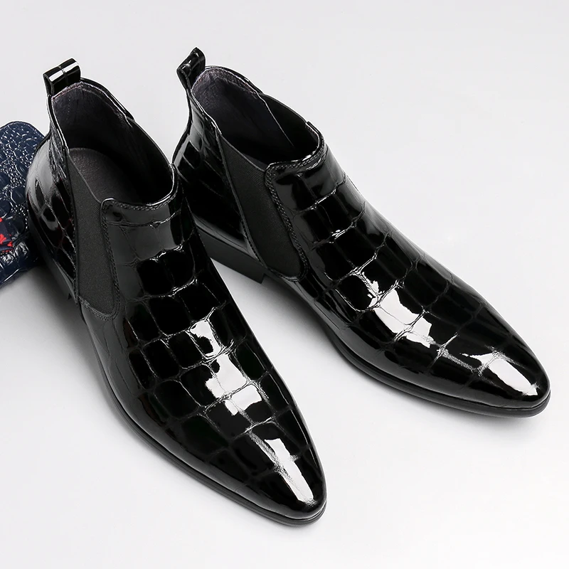 Модные черные/винно-красные ботинки «Челси» из крокодиловой кожи; Мужские модельные ботинки; свадебные туфли из лакированной кожи; мужские ботильоны