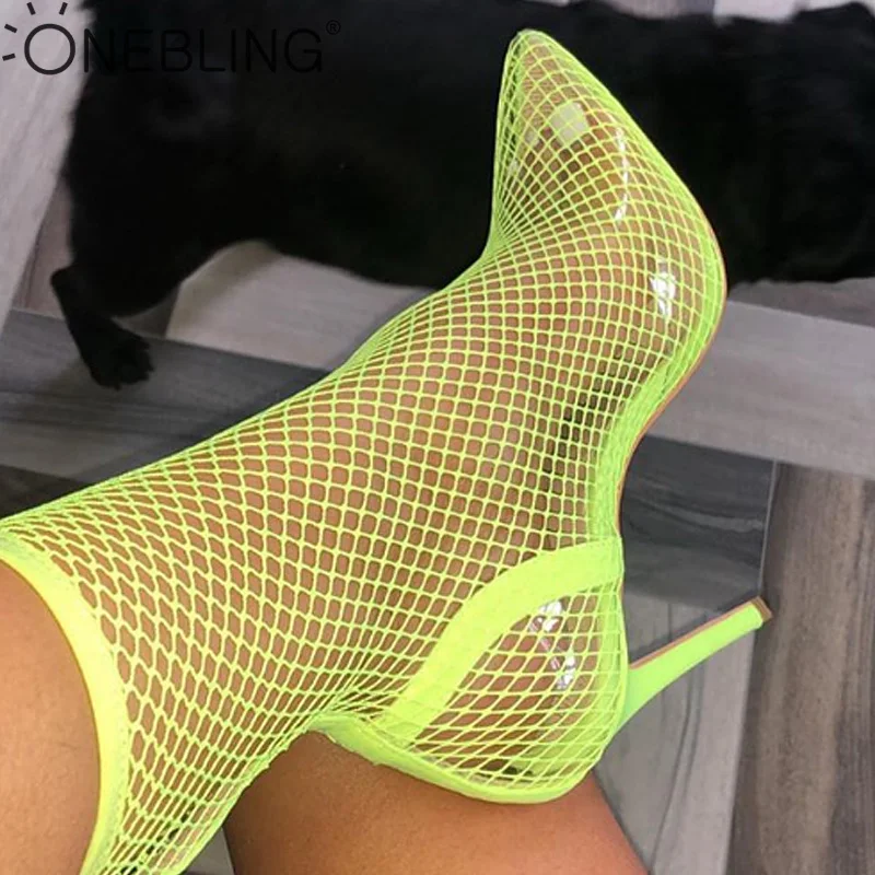 

OneBling Plus Size Animal Print Detail Fishnet Mesh Breathable High Heel Ankle Boots 2019 Summer Pointed Toe Women Boots