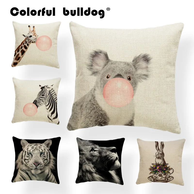 Cute Animal Pattern Cushion Set Koala Giraffe Zebra Tiger Lion Monochrome Pillow 45X45Cm Polyester Decor Backyard Bench | Дом и сад
