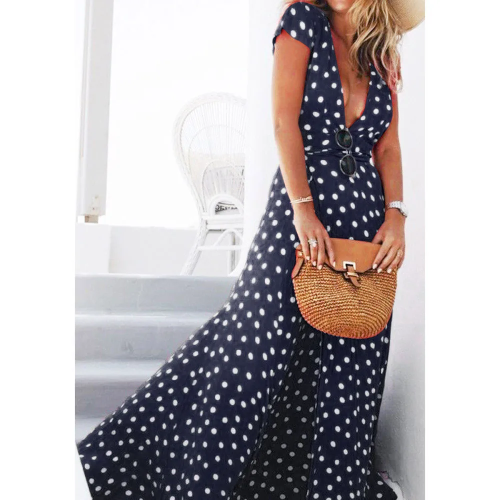 

Wave Point Summer Dress Women Vintage Ladies Long Maxi Dress Bohemian Fashion Short Sleeve Print Women Sexy Dresses Beach 2019