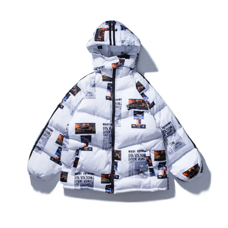 

Men Letter PrintHooded Parkas Jackets 2018 Winter Warm Cotton Parka Jacket Coat Harajuku Streetwear