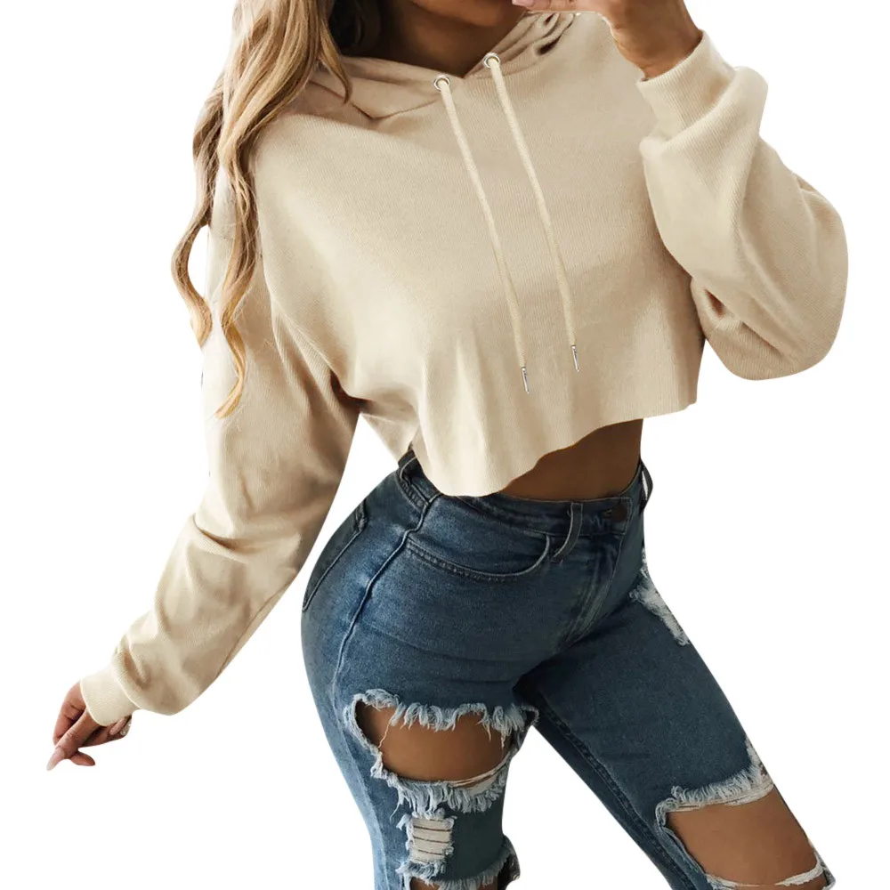Sweatshirts Female Hoodie Solid Color Navel Short Sweatshirt Hooded