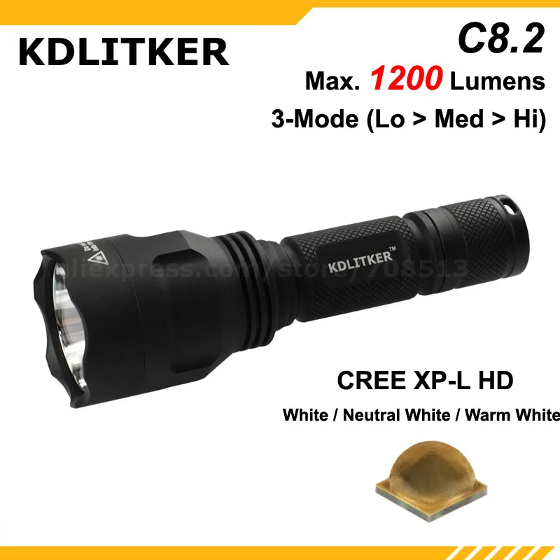 

New KDLITKER C8.2 Cree XP-L HD White 6500K / Neutral White 5000K / Warm White 3000K 1200 Lumens LED Flashlight - Black (1x18650)