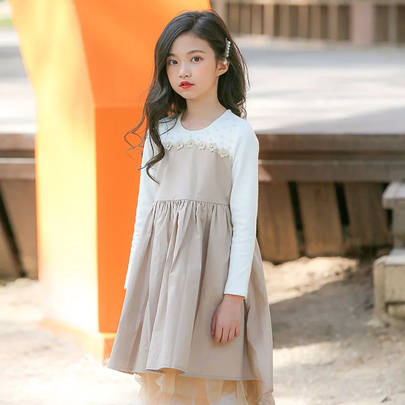 Асимметричные платья принцессы с бисером; одежда для детей; вечерние платья в стиле пэчворк с длинными рукавами для девочек; осеннее платье для маленьких девочек