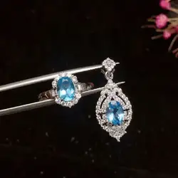 Shilovem 925 серебро натуральным Голубой топаз кольца Подвески ювелирные украшения свадебные открыть Отправить цепочки мм и ожерелья 5*7 мм