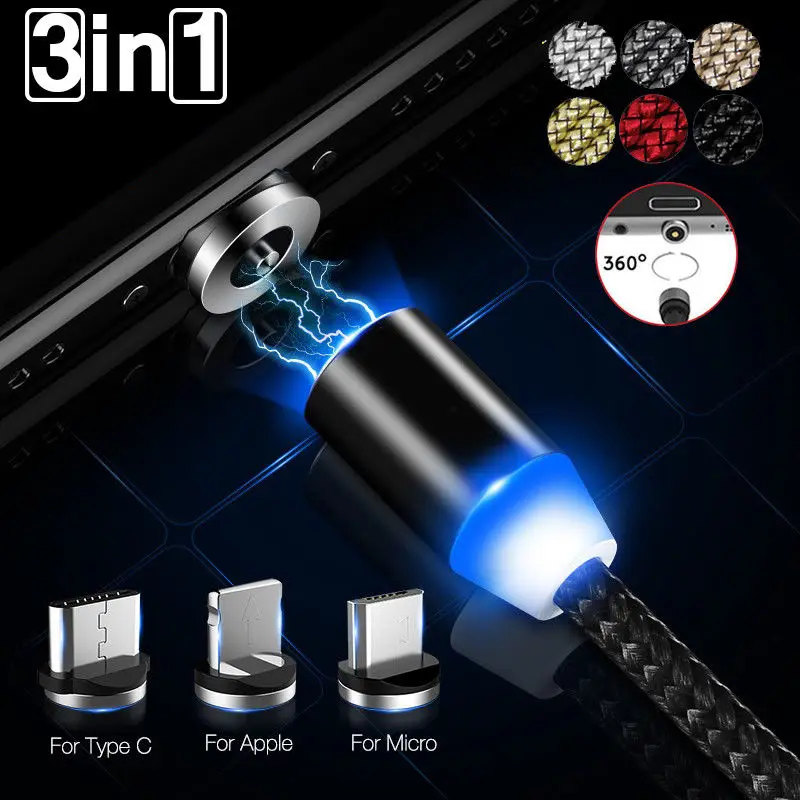 

100pcs 1M 2M (3.3ft) LED Round Magnetic Adapter Charger 2.4A 1m USB Data Cable For Samsung huawei xiaomi for iphone for type c