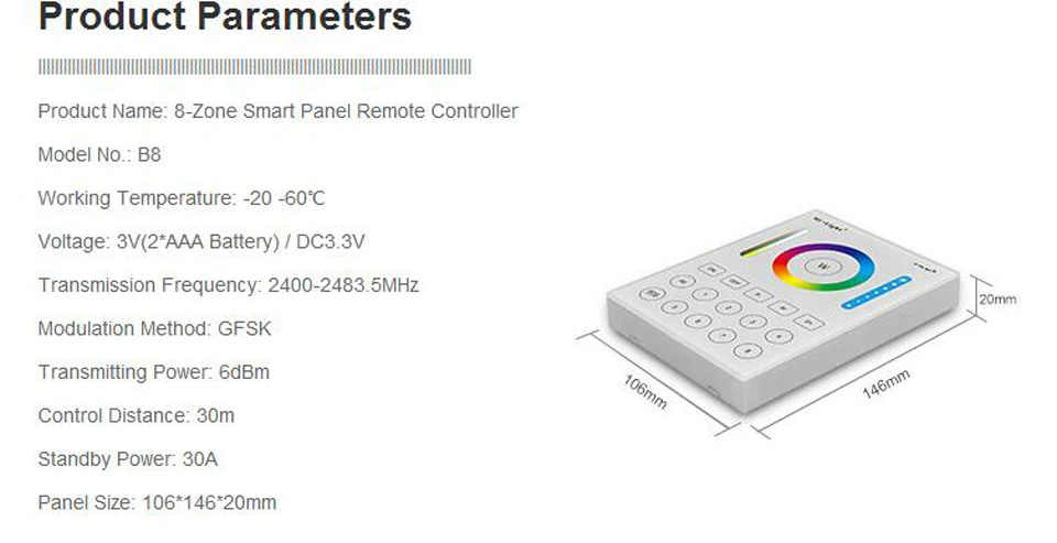 Ми свет LED контроллер 2.4 г беспроводной 8 зон РФ Диммер дистанционного B8 touch LS2