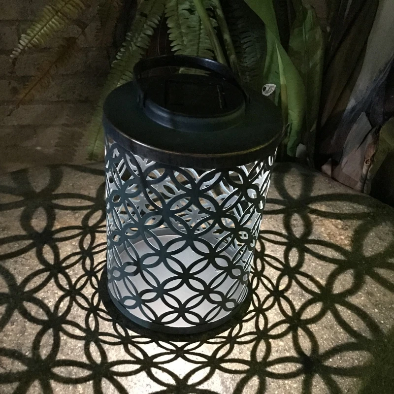 

Garden Solar Iron Wind Light Retro Money Hole Hollow Wind Light Outdoor Waterproof Solar Hanging Lantern Solar Flame Light Retro