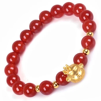 

New 999 Pure 24K Yellow Gold 3mm Fine Bead &3D Crowned Monkey Red Agate Beads Link Woman's Lucky Bracelet