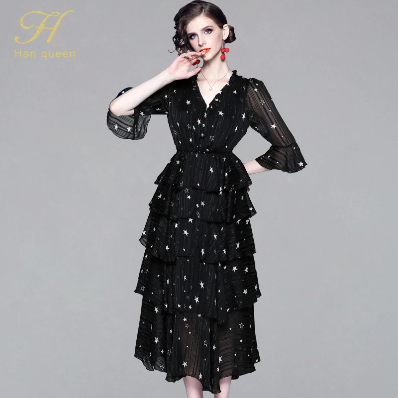 

H Han Queen 2019 Chiffon Long Summer Dresses Women Fashion Slim Sexy Vestidos European Elegant Ruffle Casual Office Party Dress