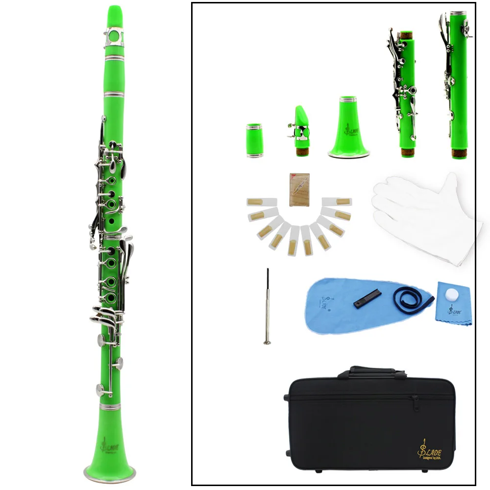 Кларнет ABS 17 ключ bB плоский сопрано бинокулярный кларнет с пробковой смазкой ткань для очистки перчатки 10 Reeds отвертка Рид Чехол - Цвет: Зеленый