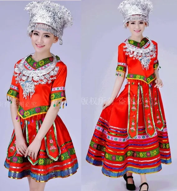 

Chinese traditional Hmong costume peacock embroidered sequins tops ruffle skirts clothing sets miao dance costumes dress perform