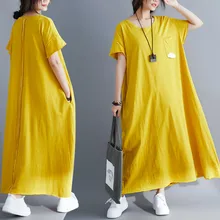 Summer Woman Plus Size Knit Long Dress 2019 New Korean Edition Solid Short Sleeve O-neck Pocket Loose Casual T-shirt Maxi Dress plus size long sleeve ribbed jumper casual knit dress