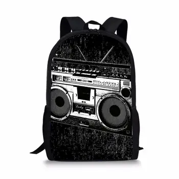 

THIKIN Girls School Backpack Black Retro Radio Printing Student 16 Inch Bookbag Children Daypack Women Travel Rucksack Customize