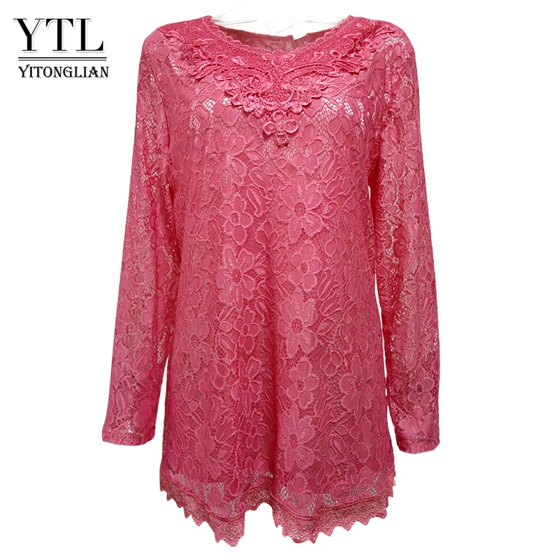 YTL, женская, плюс размер, Ретро стиль, одноцветная, розовая, Цветочная, кружевная блузка, длинный рукав, v-образный вырез, вязаная туника, топ, женские рубашки, футболка 6XL 7XL 8XL H026