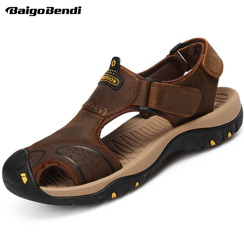 

Big Size 11 12 Mens Real Leather Close Toe Casual Sandal Hollow out Summer Hook Loop Beach Shoes Eur Size 45
