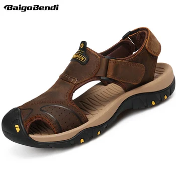 

Big Size 11 12 Mens Real Leather Close Toe Casual Sandal Hollow out Summer Hook Loop Beach Shoes Eur Size 45
