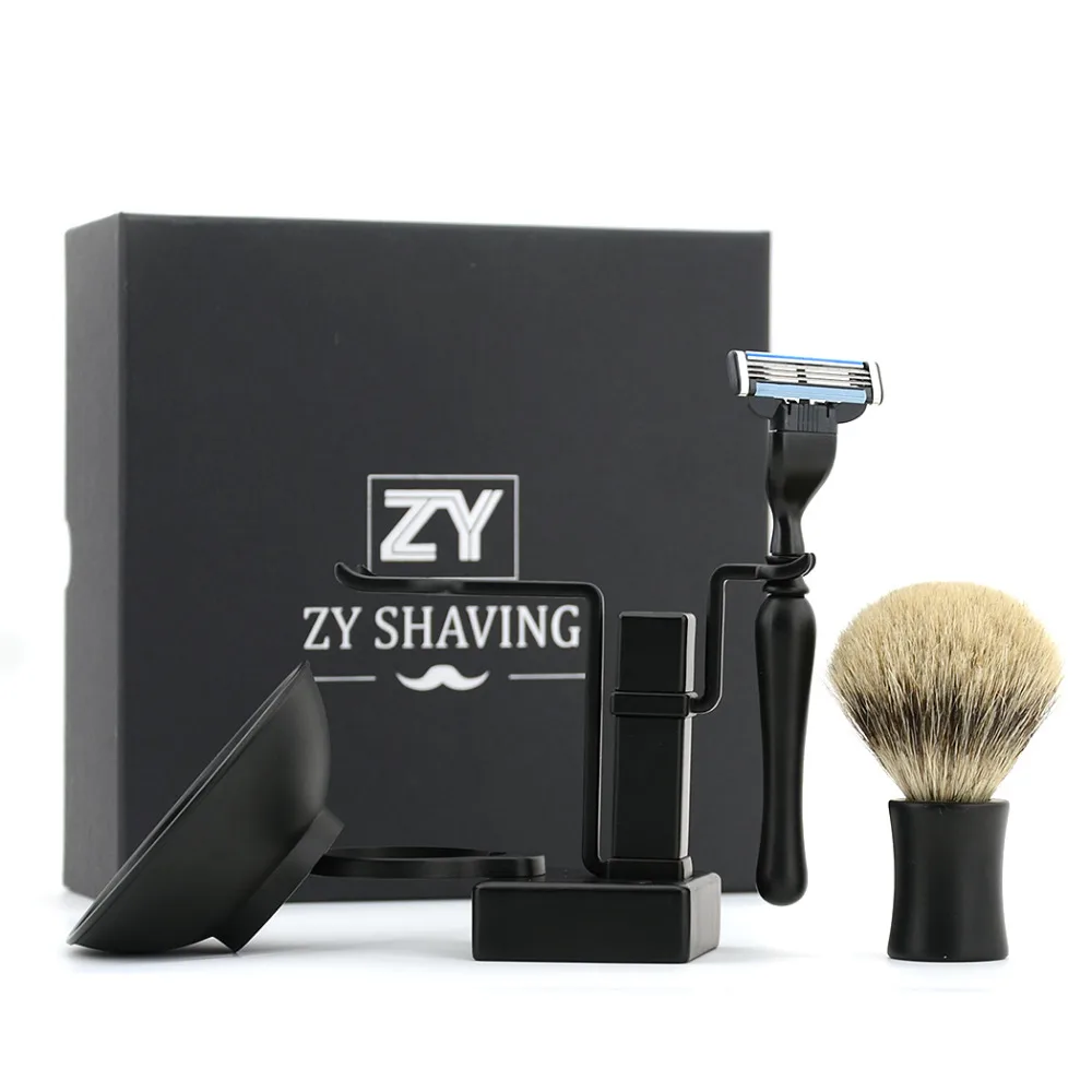 High-end 3 Layer Double Edge Safety Razor Kit Black Classic Shaving Razor Badger Shaving Brush Stand Holder Beard Soap+Gift Box