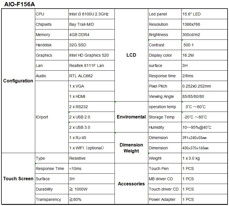 15,6 "Touch Широкоэкранный встроенных ПК intel i3 6100U 2,3 ГГц промышленных aio Настольный ПК из Китая Fmous поставщика 4 ГБ DDR4