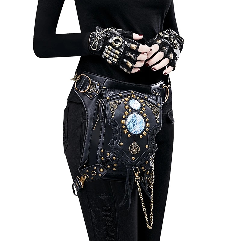 والعتاد دوق إمرأة Steampunk من أكياس القوطية رسول حقيبة يد حقيبة كتف خمر أزياء ريترو روك الخصر حزمة صغيرة حقيبة الساق 2018