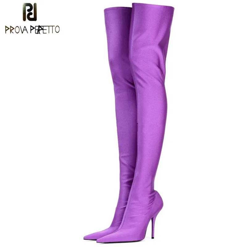 

Prova Perfetto Candy Color Over The Knee Boots Women Sexy Point Toe Stiletto High Heels Thigh High Botas Elastic Sock Long Boots