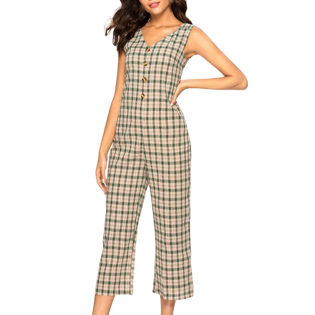 

High Fashion Plaid Sleeveless Button Womens Lattice Button V-Neck Wide Leg Pants Long Jumpsuit Backless Playsuit Drop Shipping