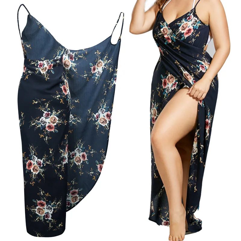 

2019 Summer Floral Cover-ups Tiny Wrap Dress Women Plus Size crochet beach dress pareo plage Cover ups Sleeveless