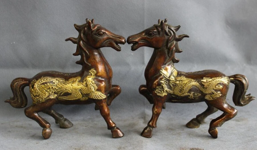 

S3429 Chinese Bronze Gilt Animals Year Zodiac Dragon Phoenix Jump Horse Statue Pair D0317
