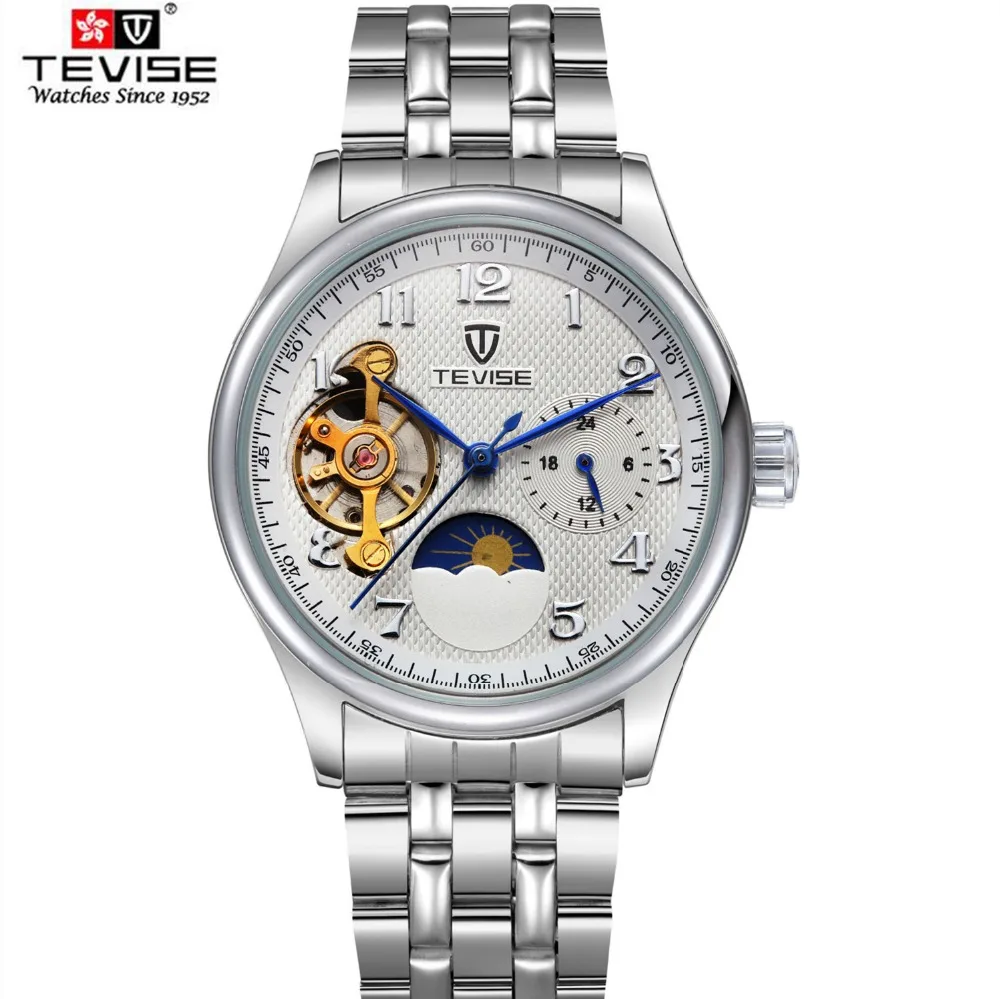 2017 TEVISE мужские часы с фазой Луны автоматические механические Tourbillon кожаные