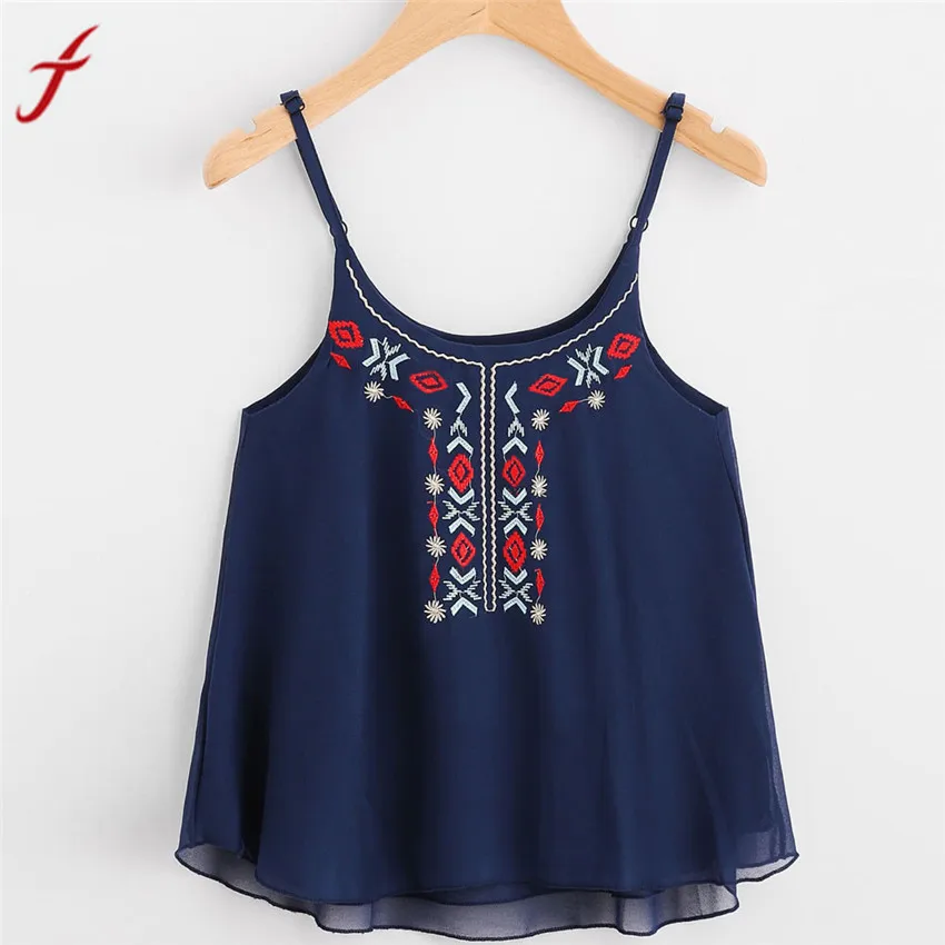FEITONG Chiffon Women Sexy O Neck Floral Embroidery Crop Top Camis ...