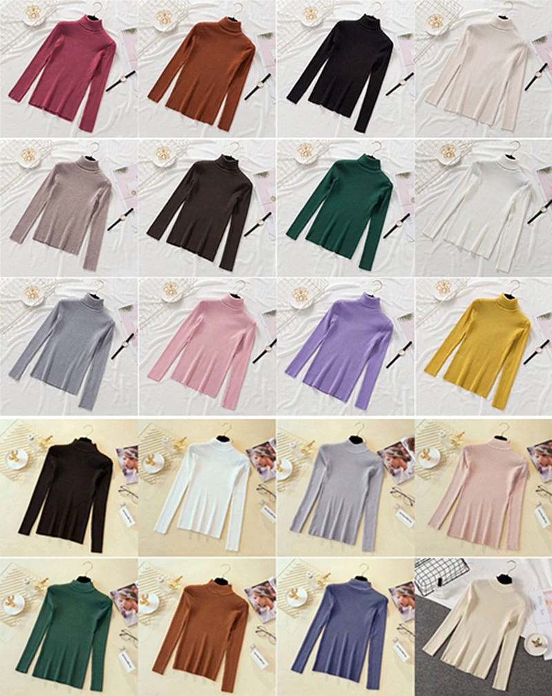 Autumn Winter Women Sweaters Long Sleeve Turtleneck Sweater Knitted Pullovers Warm Solid Pull White Slim Elastic Casual Top