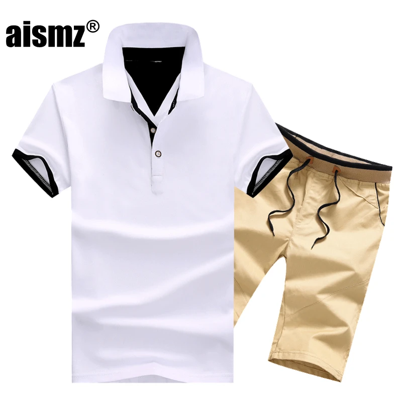 Aismz спортивный костюм Для мужчин Moletom Masculino спортивные костюмы комплект Марка Поло костюмы летние Для мужчин 2 шт. футболка, Повседневный