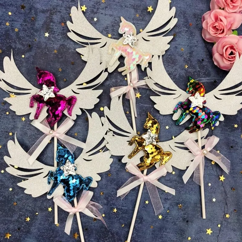 

Creative Cloth Baking Cake Decoration Glitter Silver Angel Wings Unicorn Inserts Cake Tools Fantasy Pegasus Party Dress Up