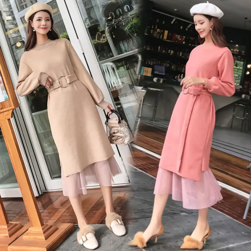 

women kintted dress, female autumn and winter 2018 new Korean version, loose waist thickening and sashes
