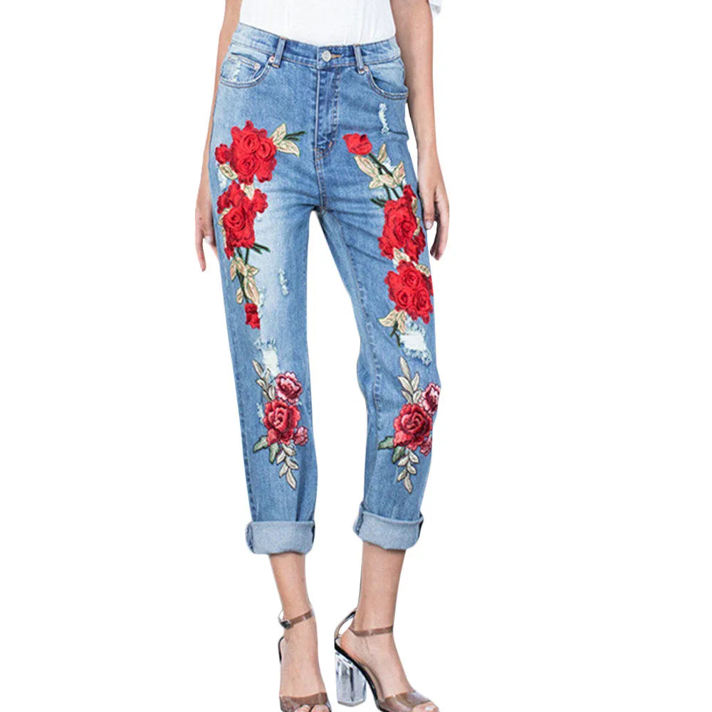Свободные Модные женские Стрейчевые свободные джинсы с цветными цветами, удобные тонкие джинсы с объемной 3D вышивкой