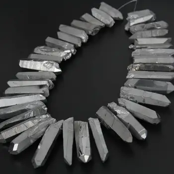 

Big Silver Titanium Quartz Graduated Stick Point Pendants strand,Large Rough Crystals Gems Tusk Spike Bead Necklace Jewelry Bulk