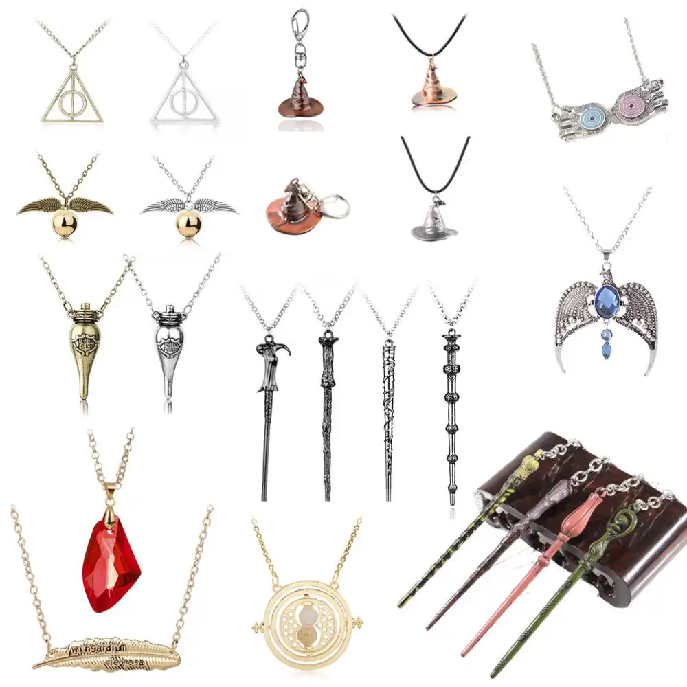 

Movie HP Harri Cosplay Model Toys Sorting Hat Pendants Dumbledore Wands Hermione Felix Felicis Red Stone Necklace Quidditchs Toy