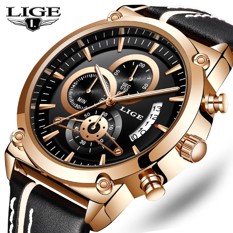 

LIGE Top Brand Luxury Business Mens Watches Male Fashion Big Dial Quartz Watches Men Casual Leather Waterproof Military Watch