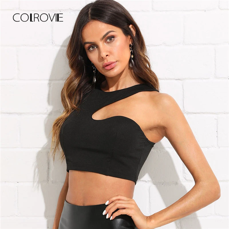 COLROVIE Solid Asymmetrical Crop Shell Tank Top 2018 New Slim Fit Plain