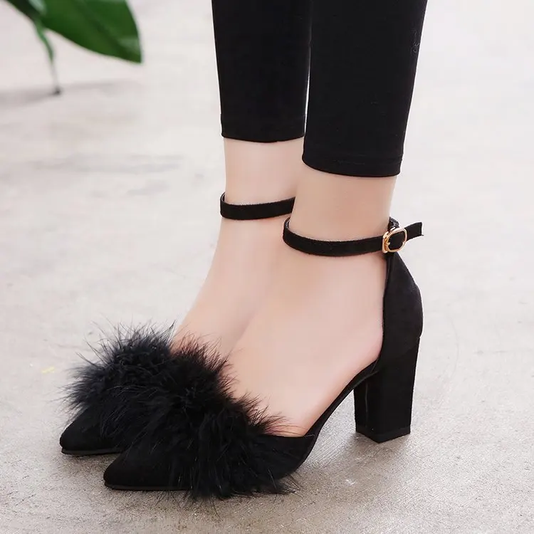 Women High Heels Shoes for Women Thick Mao Mao Feather Joker Pointed Buckle Shoes Womens Shoes Suede Work Party Wedding Shoes