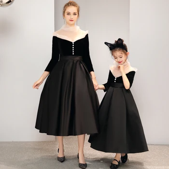 

Mother Daughter Elegant Dress Vintage Style T-shirt Women Baby Girl Clothes Kids Wedding Dress Family Matching Outfits Black 2T