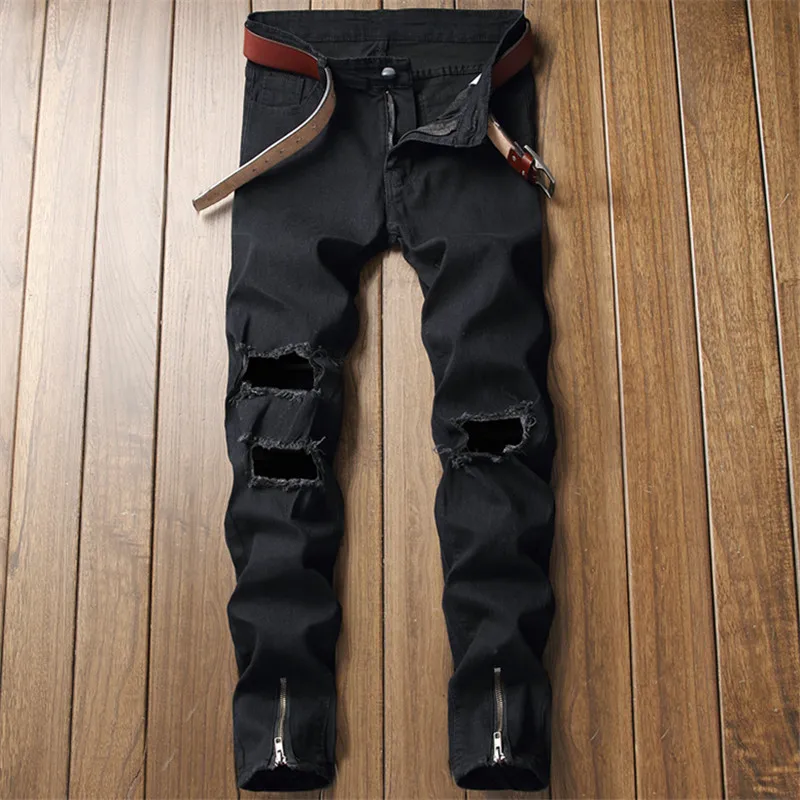

2018 new ripped hiphop men jeans black zipper destroyed streetwear fashion male elastic skinny denim pants quality cotton pants