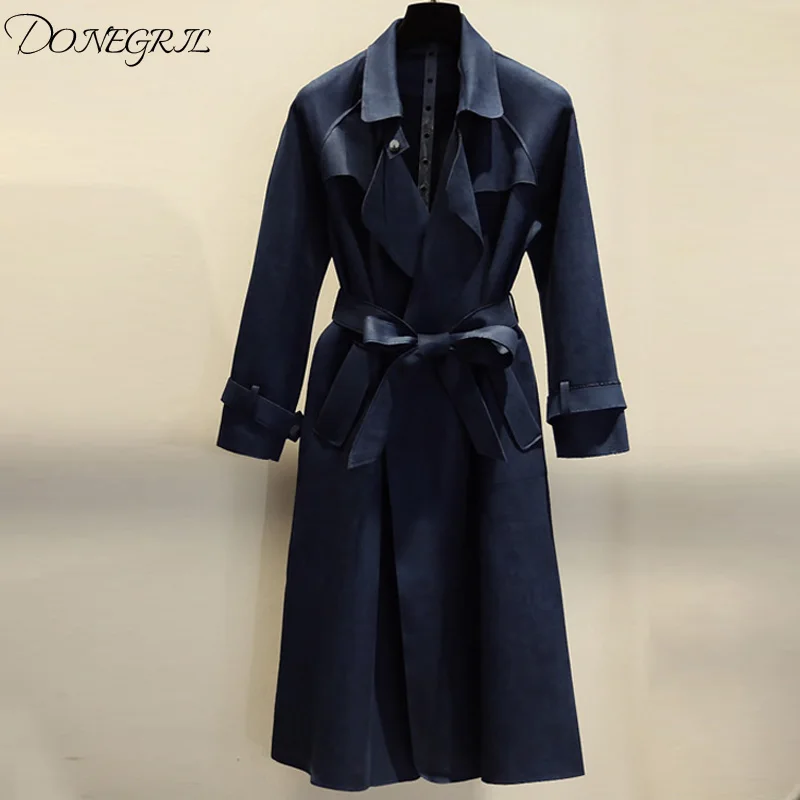 Daim Manteaux dark Vers Tranchée Blue Tournent Casual Long Solides Manteau À Printemps Automne Pour Femmes Slim Gray pink Green Le 2018 Suede Bas navy TgzXHq