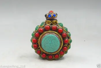 

Oriental old Handwork Tibetan Copper Inlaied Turquoise Bead Snuff Bottles