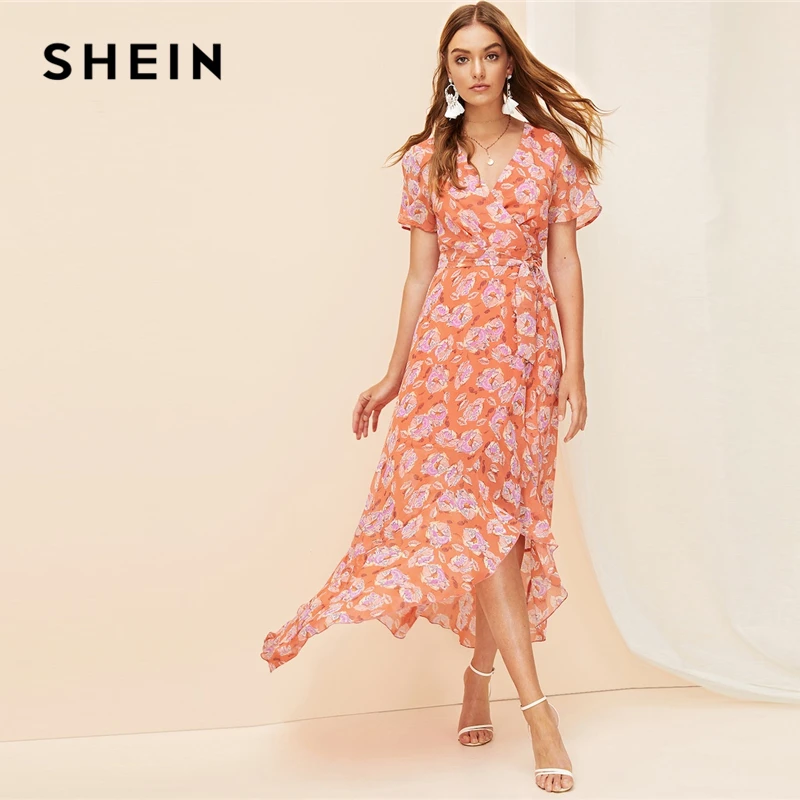 SHEIN летнее платье макси в богемном стиле с оранжевым разрезом, асимметричным подолом, поясом и цветочным принтом, женское элегантное платье трапециевидной формы с v-образным вырезом