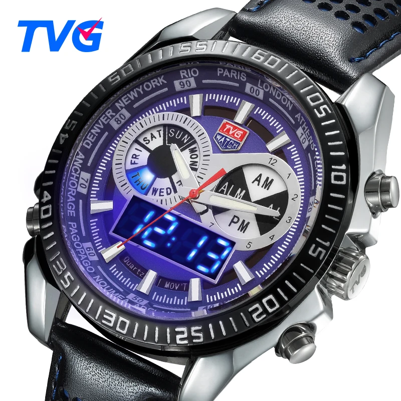 Prix pour 2017 tvg marque mens montres de haute qualité bracelet en cuir de mode montre-bracelet étanche analogique led numérique montre relogio masculino Prix pour 2017 tvg marque mens montres de haute qualité bracelet en cuir de mode montre-bracelet étanche analogique led numérique montre relogio masculino