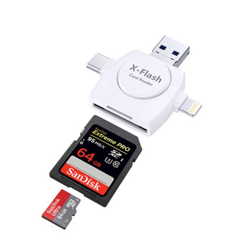 

Kismo 4-in-1 Type C Micro USB Lightning Card Reader TF SD Card Reader Adapter for iphone 7 8 X Samsung S8 S9 Note 8 Android