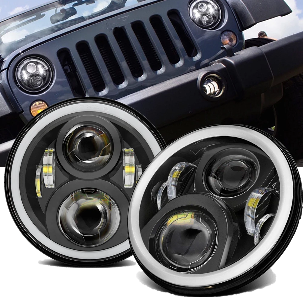 

2pcs Car H4 7 Inch LED Headlight For Lada 4x4 urban Niva Halo DRL Turn Signal Headlamp For Jeep Wrangler JK TJ Defender Hummer