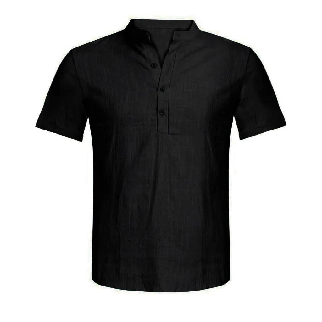 Feitong camisa, летняя мужская рубашка, Повседневная Блузка, хлопковая льняная рубашка, свободные топы, рубашка с коротким рукавом, camisa masculina, гавайская рубашка - Цвет: Black