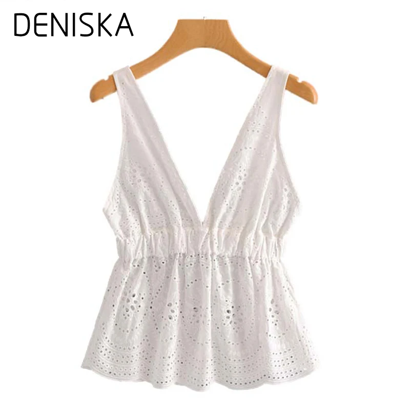 DENISKA 2018 Hollow Out Floral Embroidery Camis Blouse Sexy Sleeveless Backless Pleated Shirts White Ladies Summ | Женская одежда